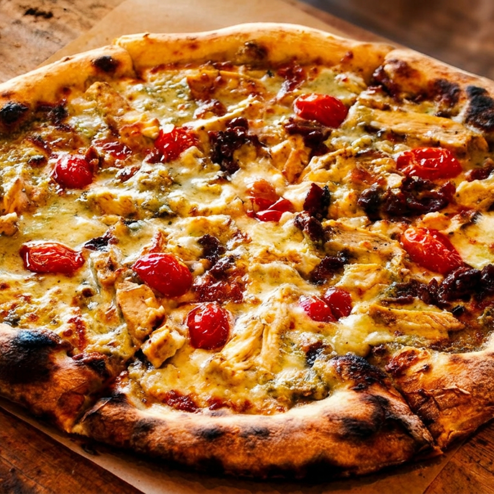 Wood-fired pizza topped with melted cheese, cherry tomatoes, chicken, mushrooms, and a charred crust on parchment paper.
