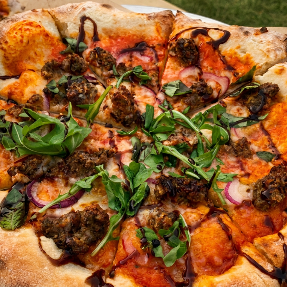 Artisan pizza topped with meatballs, roasted peppers, red onion, arugula, mozzarella, and balsamic glaze.