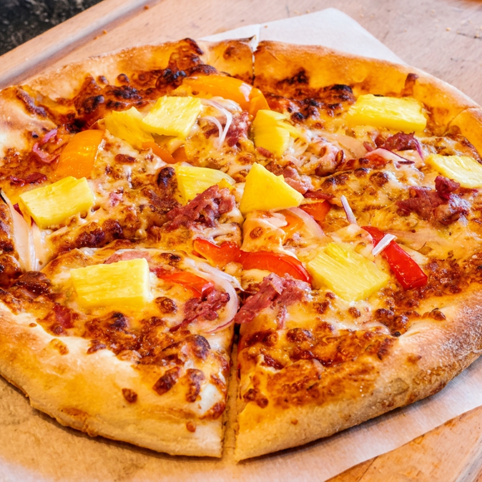 Golden cheesy pizza topped with pineapple, bacon, onions, and red peppers on parchment atop a wooden serving board.